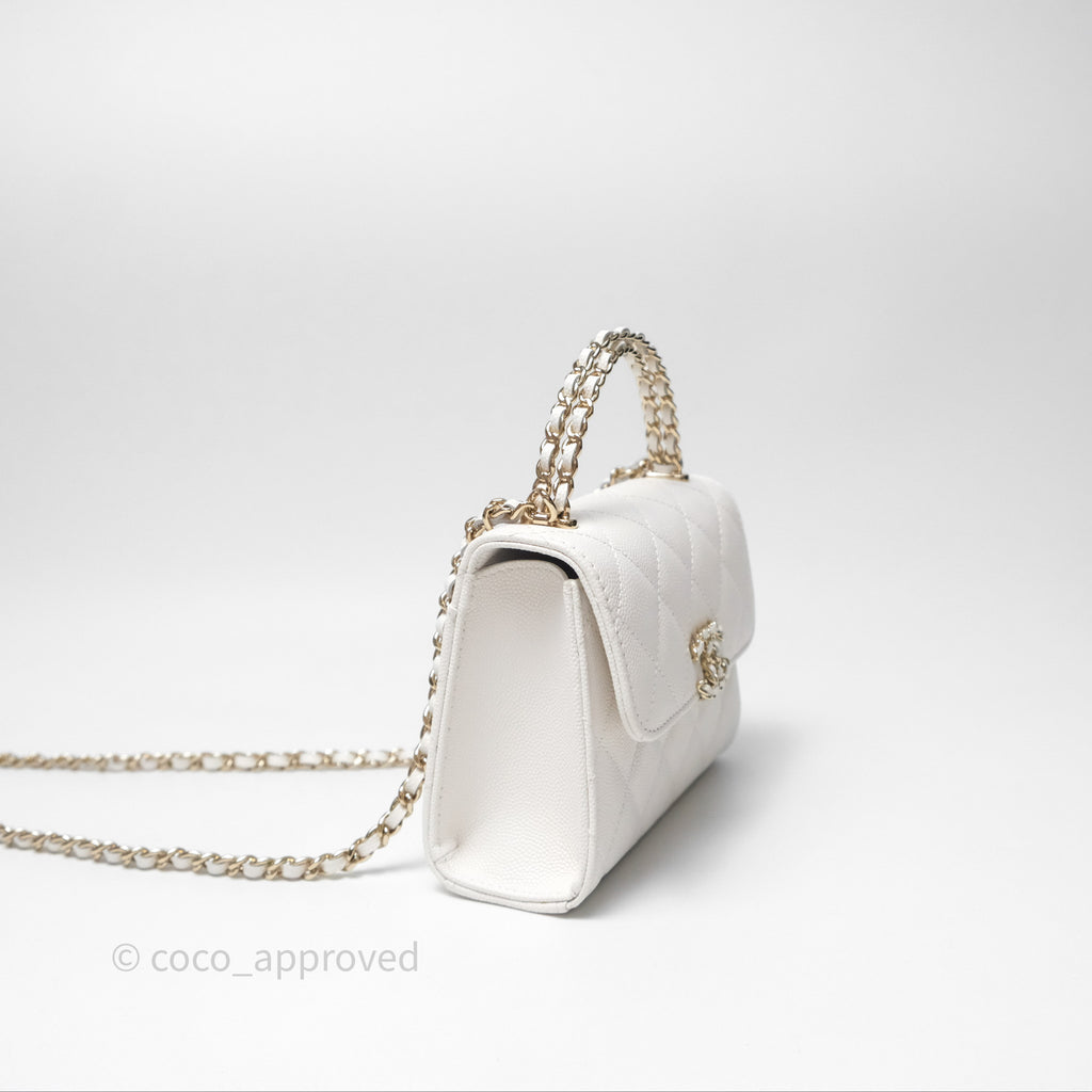 Chanel Small Top Handle Clutch with Chain White Caviar Light Gold Hardware 23P