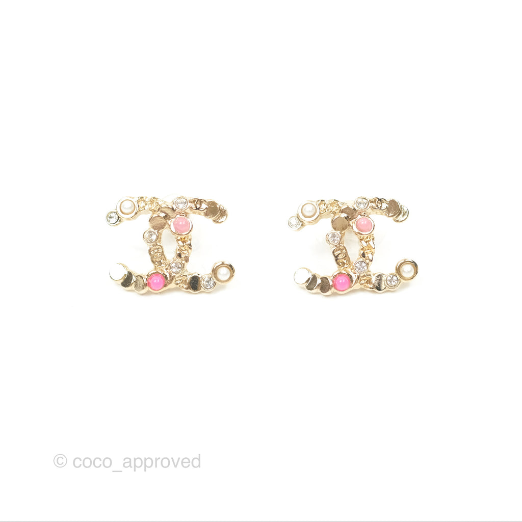 Chanel Crystal Pearl Pink CC Earrings Gold Tone 19S