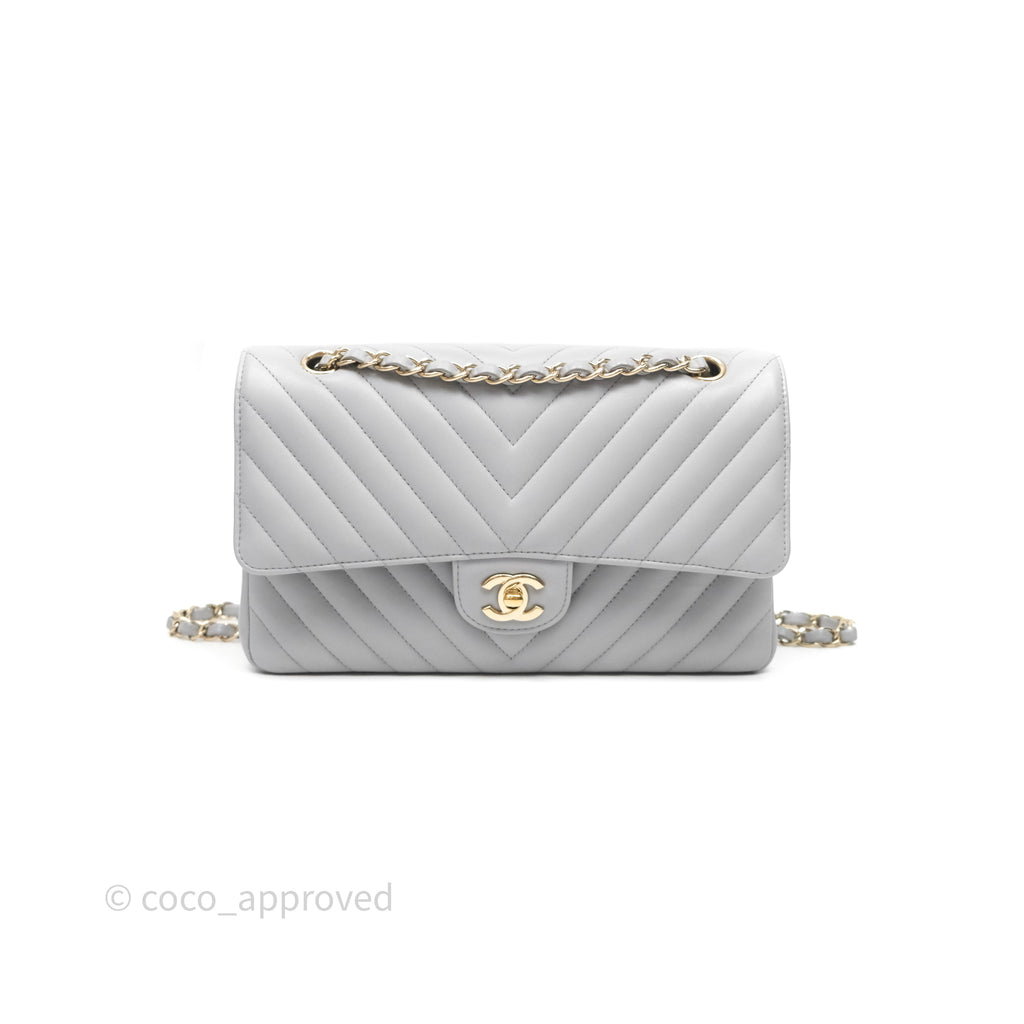 Chanel Classic M/L Medium Flap Chevron Grey Lambskin Gold Hardware