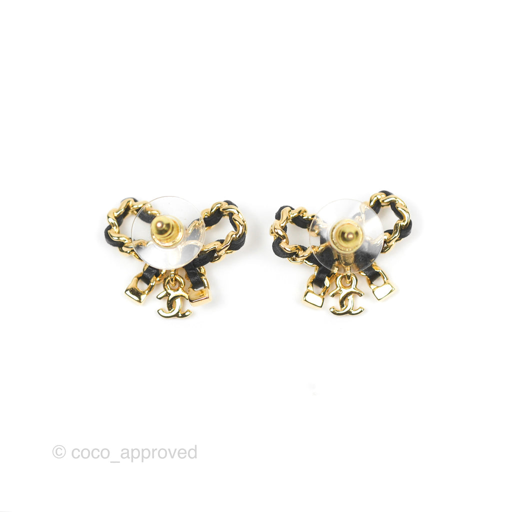 Chanel Lambskin Chain Bow Stud Earrings Black Gold 23V