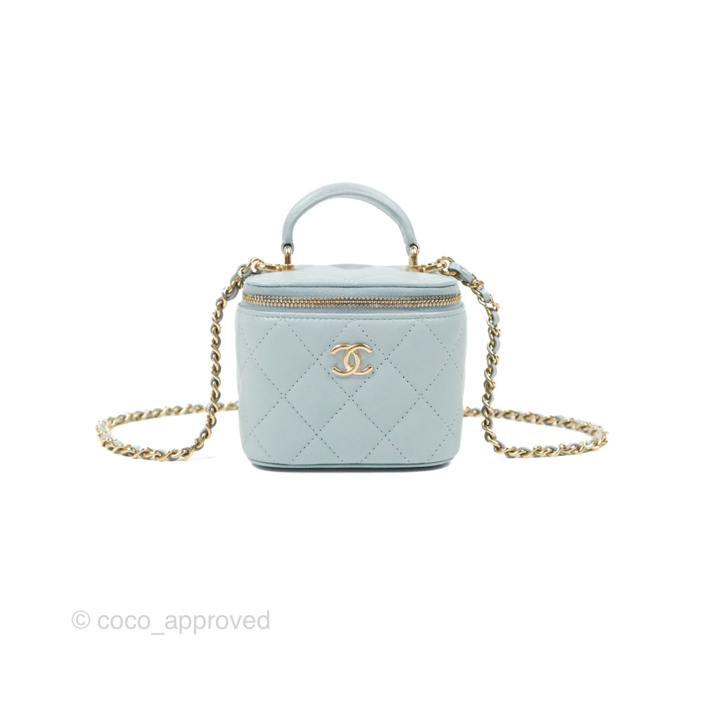 Chanel Mini Top Handle Vanity With Chain Light Blue Lambskin Gold Hardware