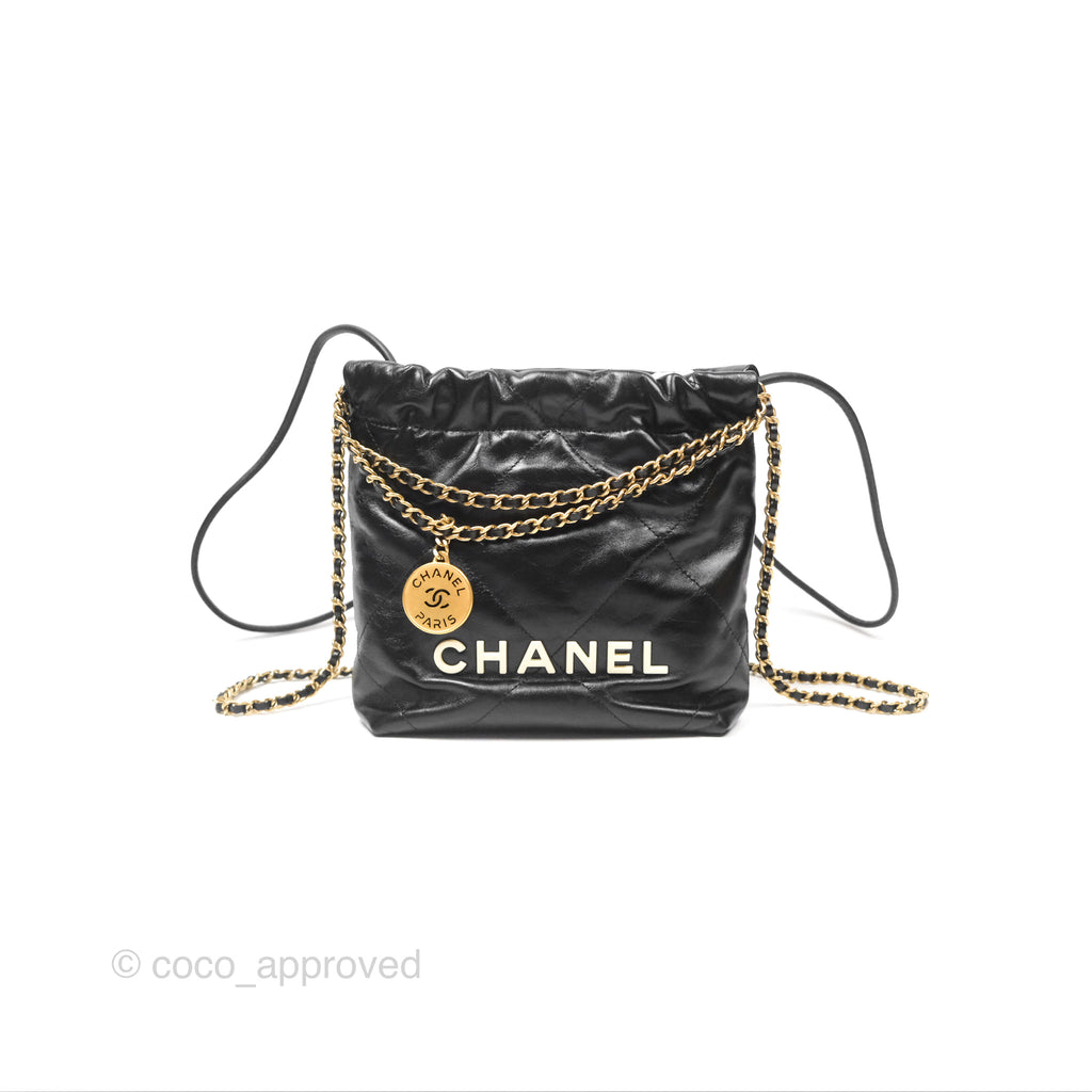 Chanel 22 Mini Bag Black Crumpled Calfskin White Lacquered Metal Logo