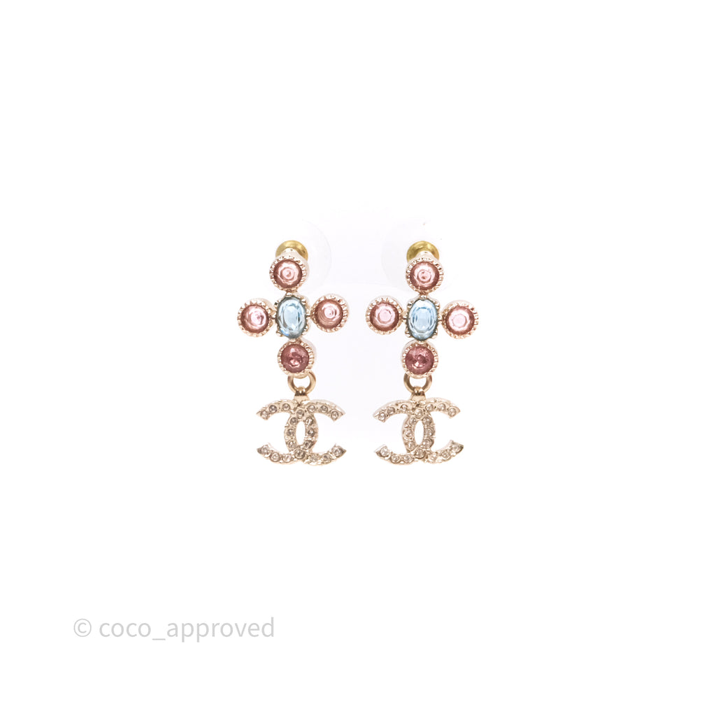 Chanel Pink Blue Crystals Drop CC Earrings Gold Tone 21K