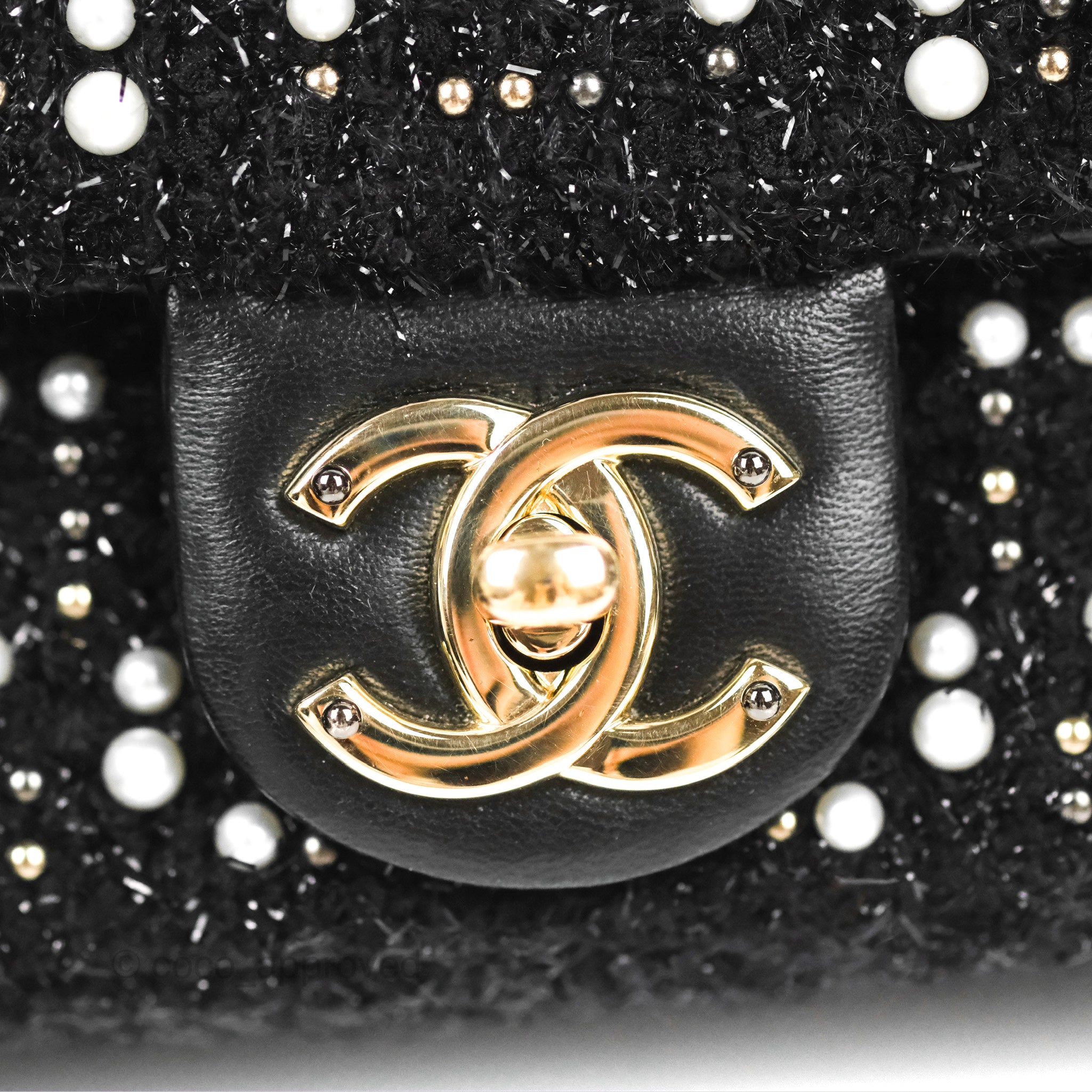Chanel Black Faux Pearl Embellished Tweed Mini Cosmos Flap Bag