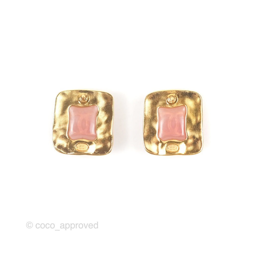 Chanel CC Pink Resin Square Earrings Gold Tone 23C