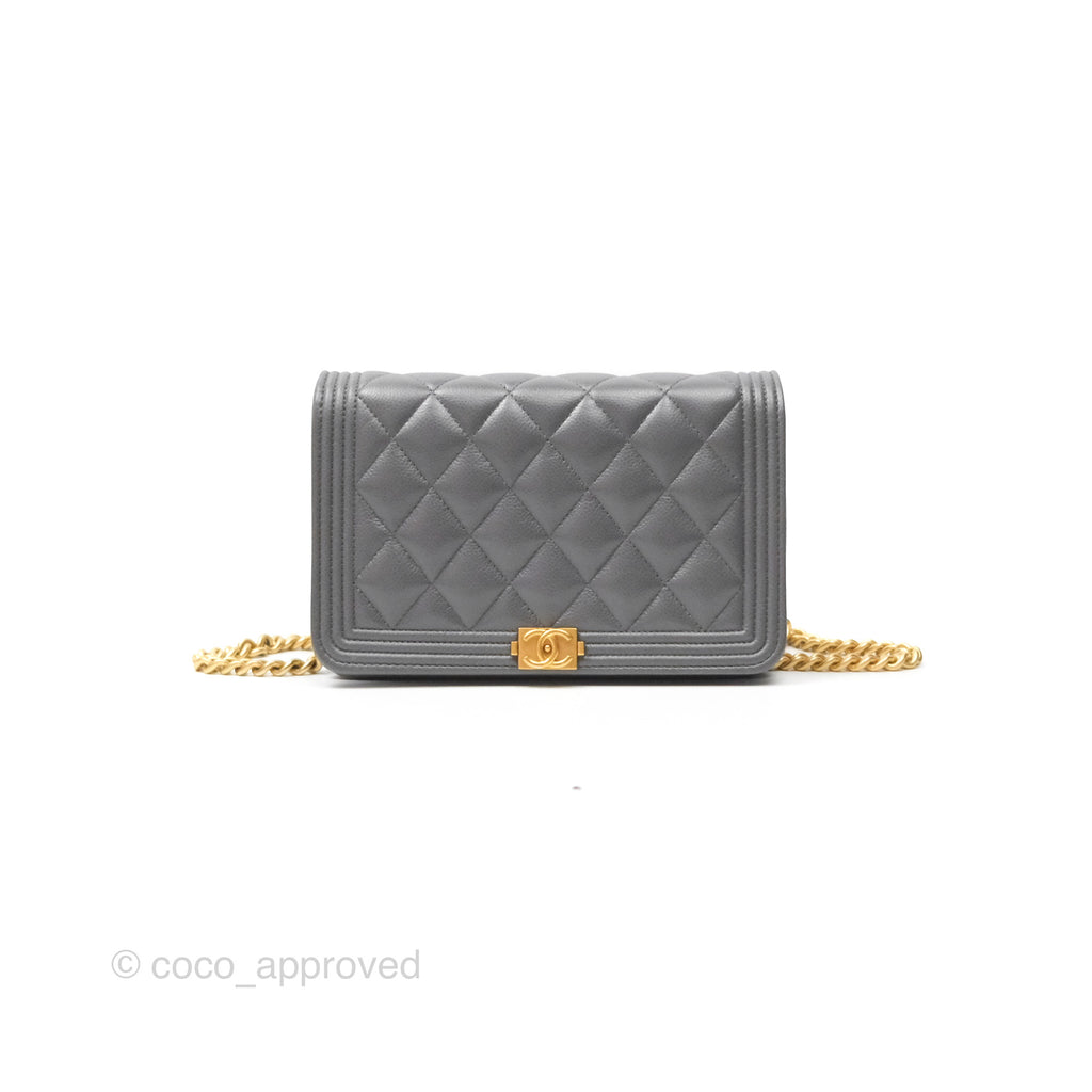 Chanel Quilted Boy Wallet on Chain WOC Grey Caviar Aged Gold Hardware
