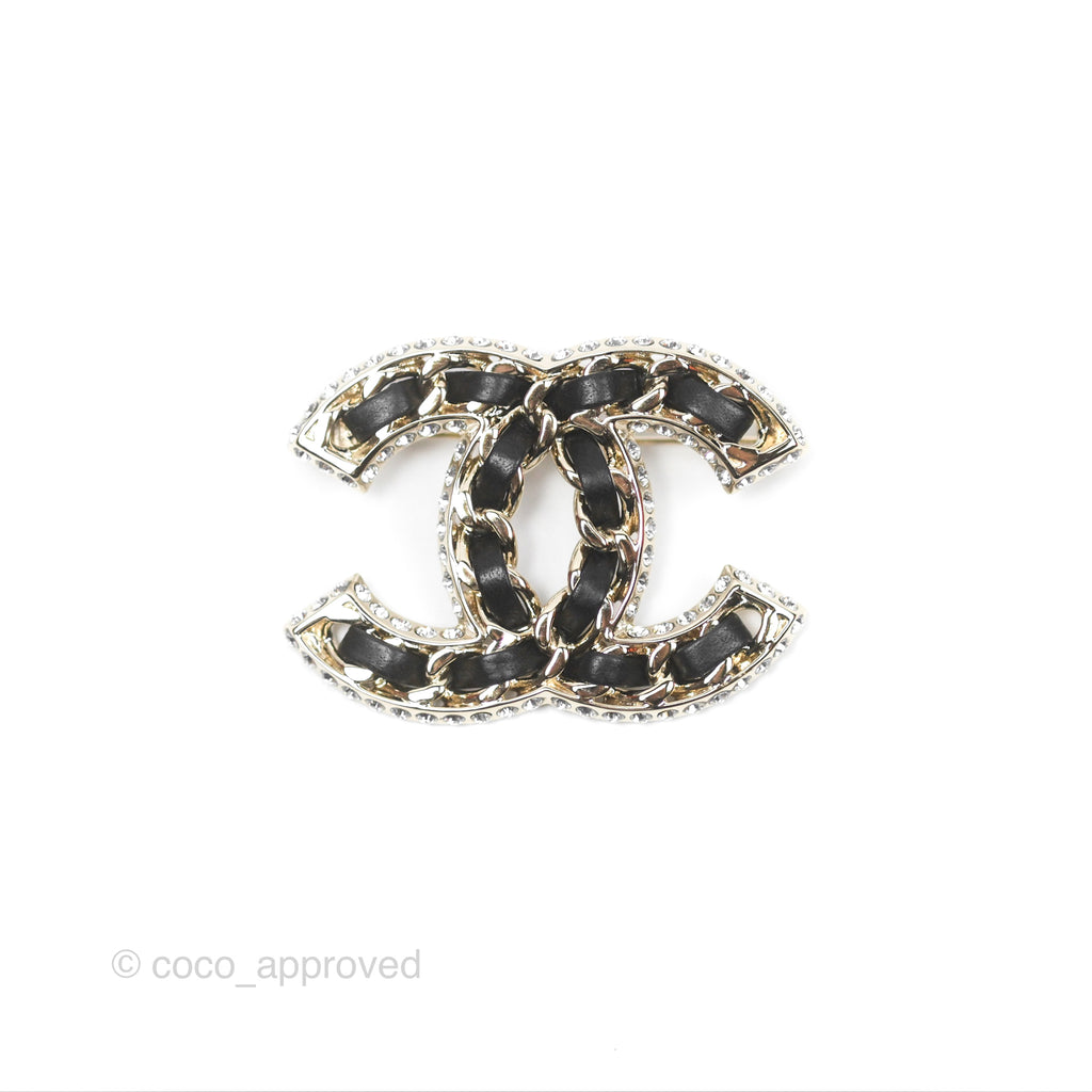 Chanel CC Crystal Braided Leather Black Brooch Gold Tone 24V