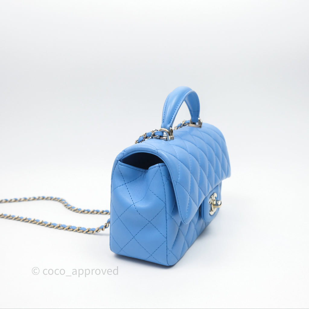 Chanel Top Handle Mini Rectangular Flap Blue Lambskin Gold Hardware