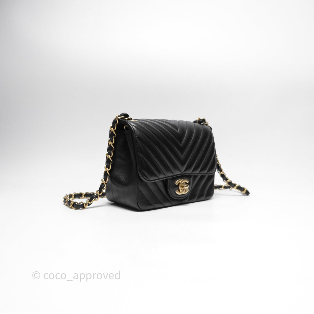 Chanel Mini Square Flap Chevron Black Lambskin Aged Gold Hardware