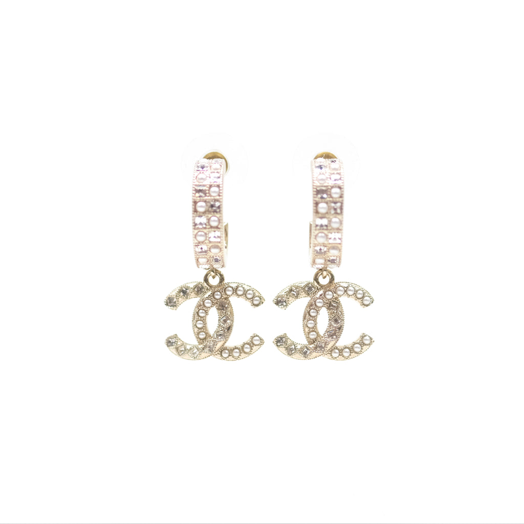 Chanel Crystal Pearl CC Hoop Earrings Gold Tone 21K