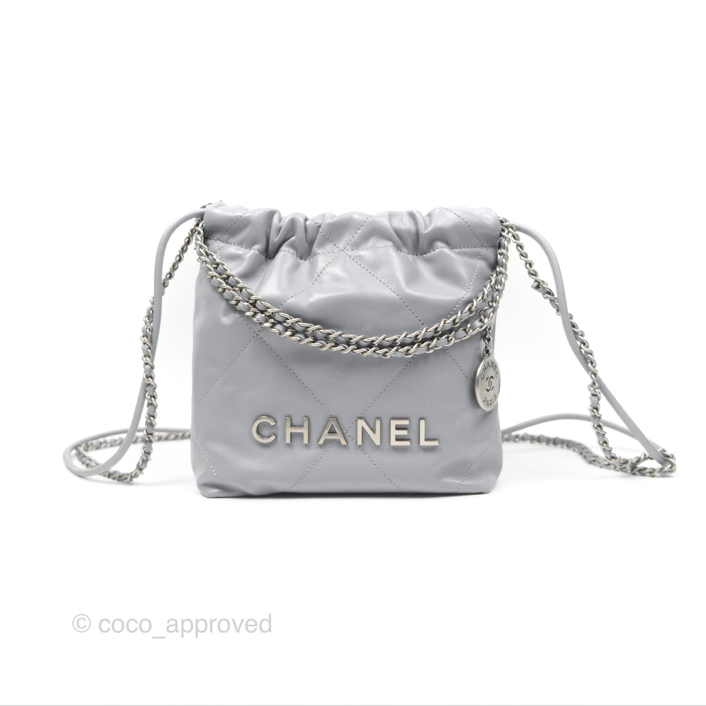 Chanel 22 Mini Bag Light Grey Shiny Crumpled Calfskin Matte Silver Hardware