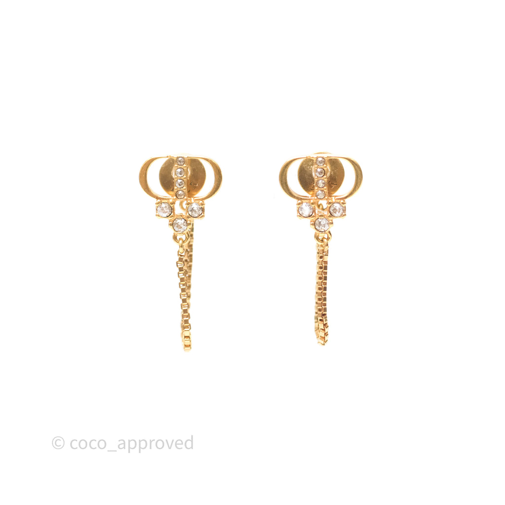 Christian Dior CD Crystal Drop Earrings Gold Tone