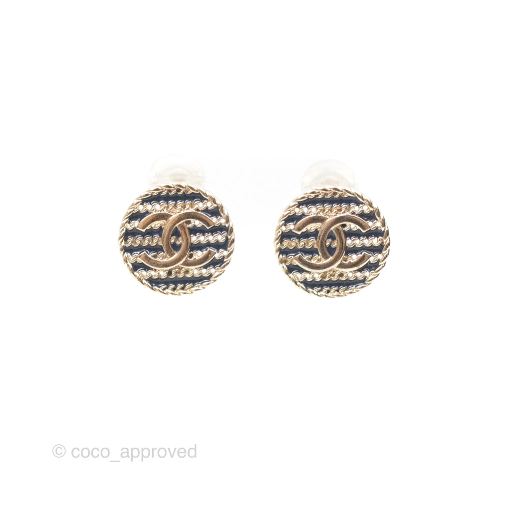 Chanel CC Round Ear Clips Black Gold Tone 19C