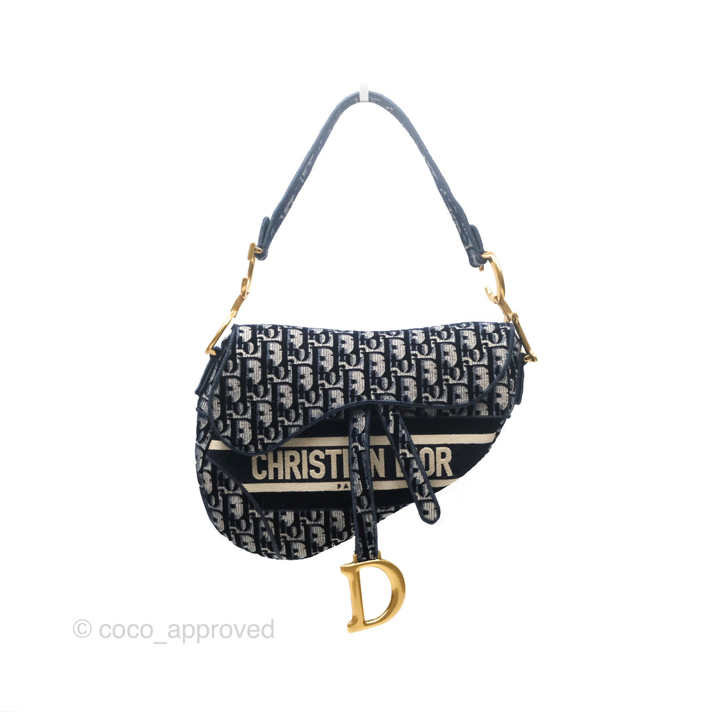 Christian Dior Saddle Bag Velvet Navy Dior Oblique Embroidery Gold Hardware