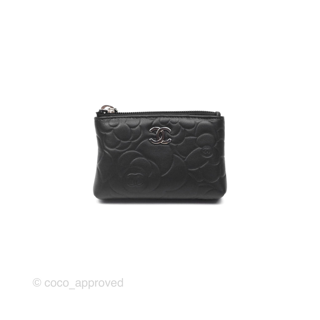 Chanel Key Holder Case Black Camellia Embossed Lambskin Silver Hardware