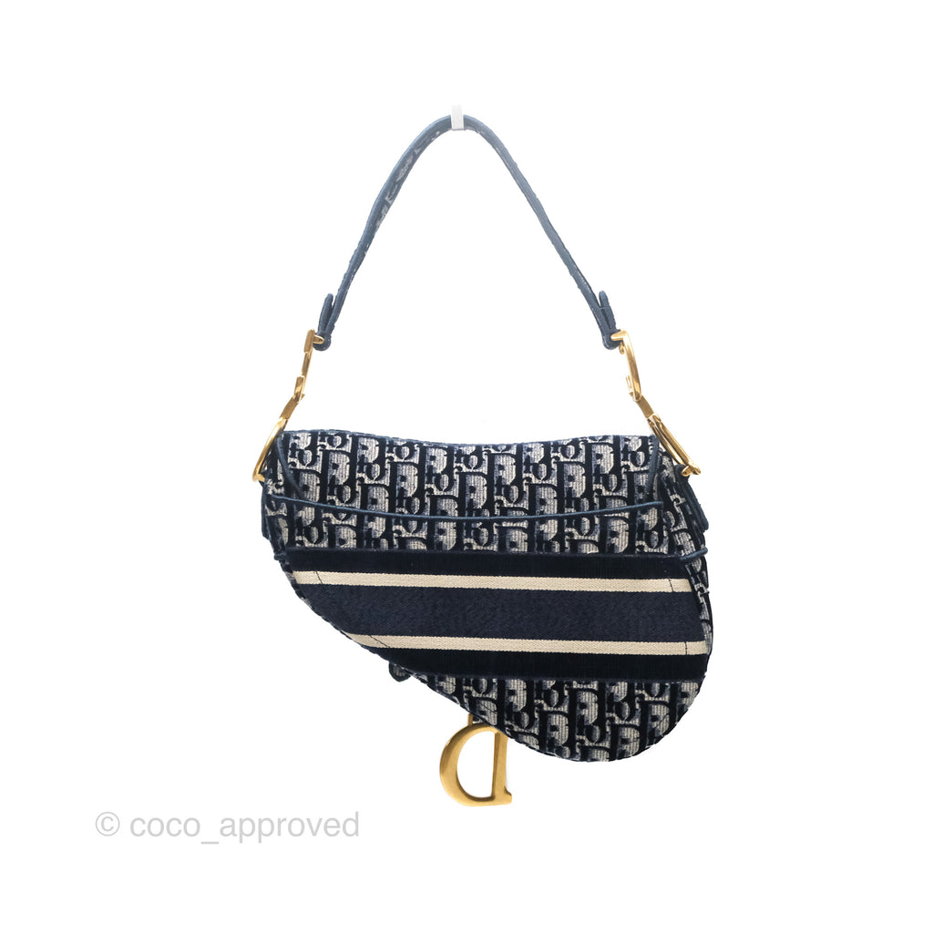 Christian Dior Saddle Bag Velvet Navy Dior Oblique Embroidery Gold Hardware