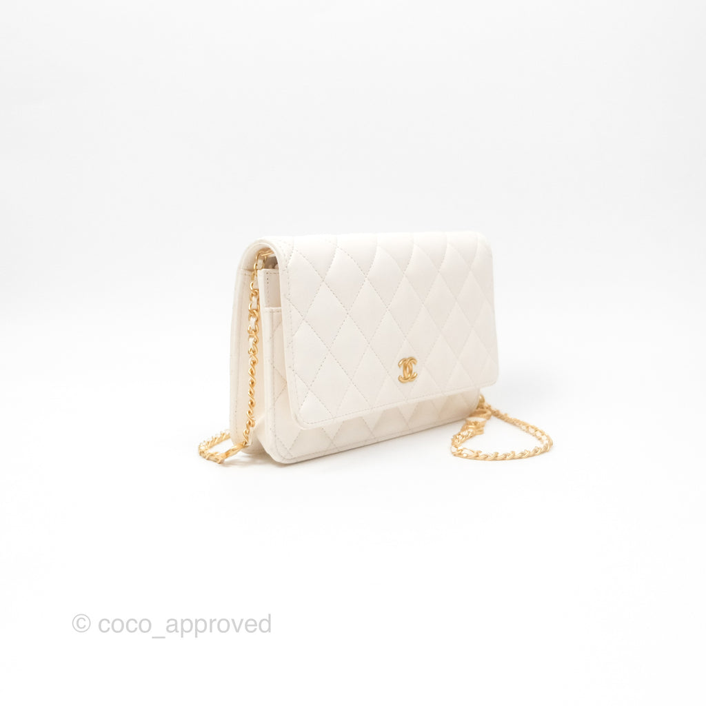 Chanel Quilted Wallet on Chain WOC Coco Heart Chain White Lambskin Aged Gold Hardware 22K