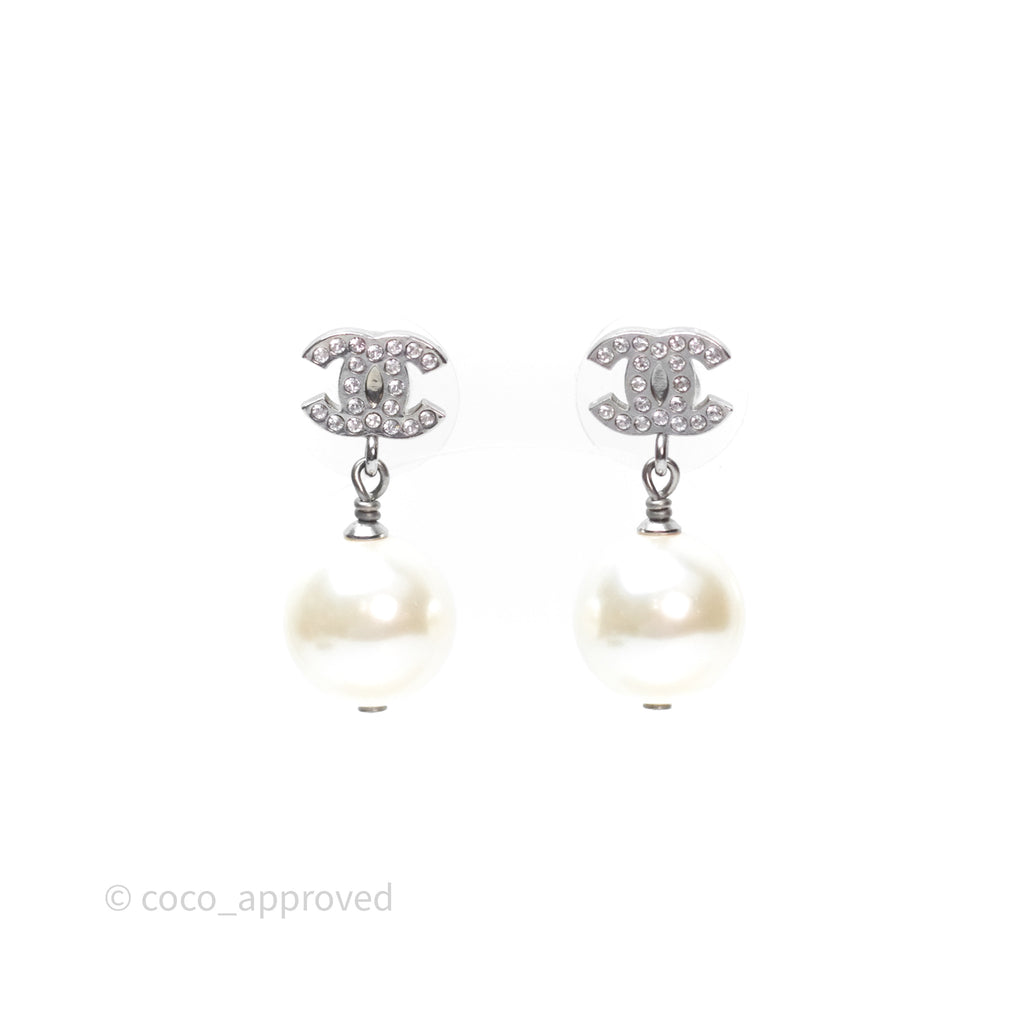 Chanel CC Crystal Pearl Drop Earrings Silver Tone 24V