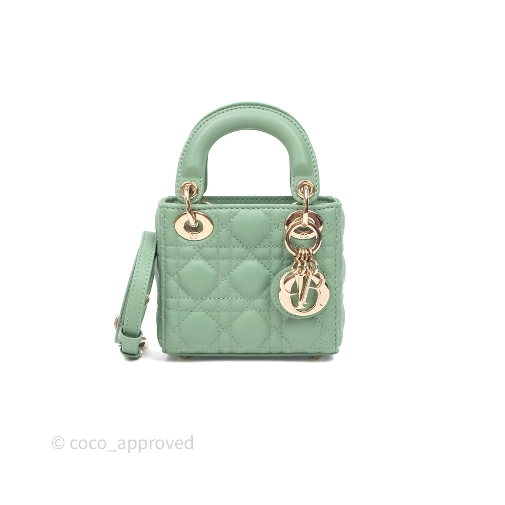 Christian Dior Mini Lady Dior Green Lambskin Cannage Gold Hardware