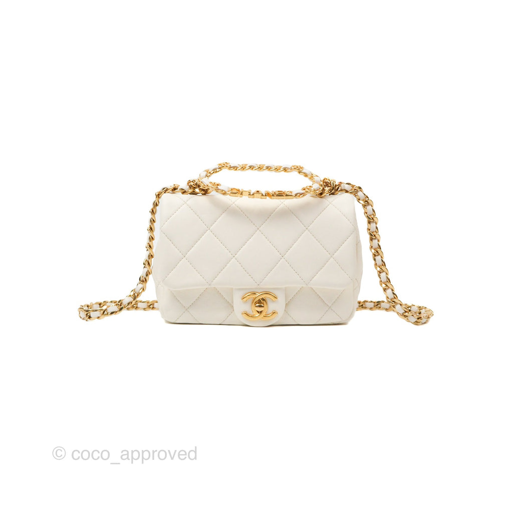Chanel Quilted Flap Bag With Chanel Logo Top Handle White Calfskin Gold Hardware