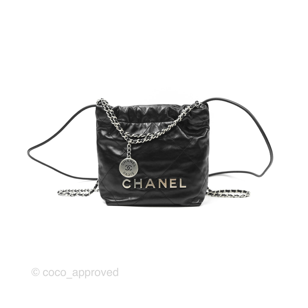 Chanel 22 Mini Bag Black Shiny Crumpled Calfskin Matte Silver Hardware