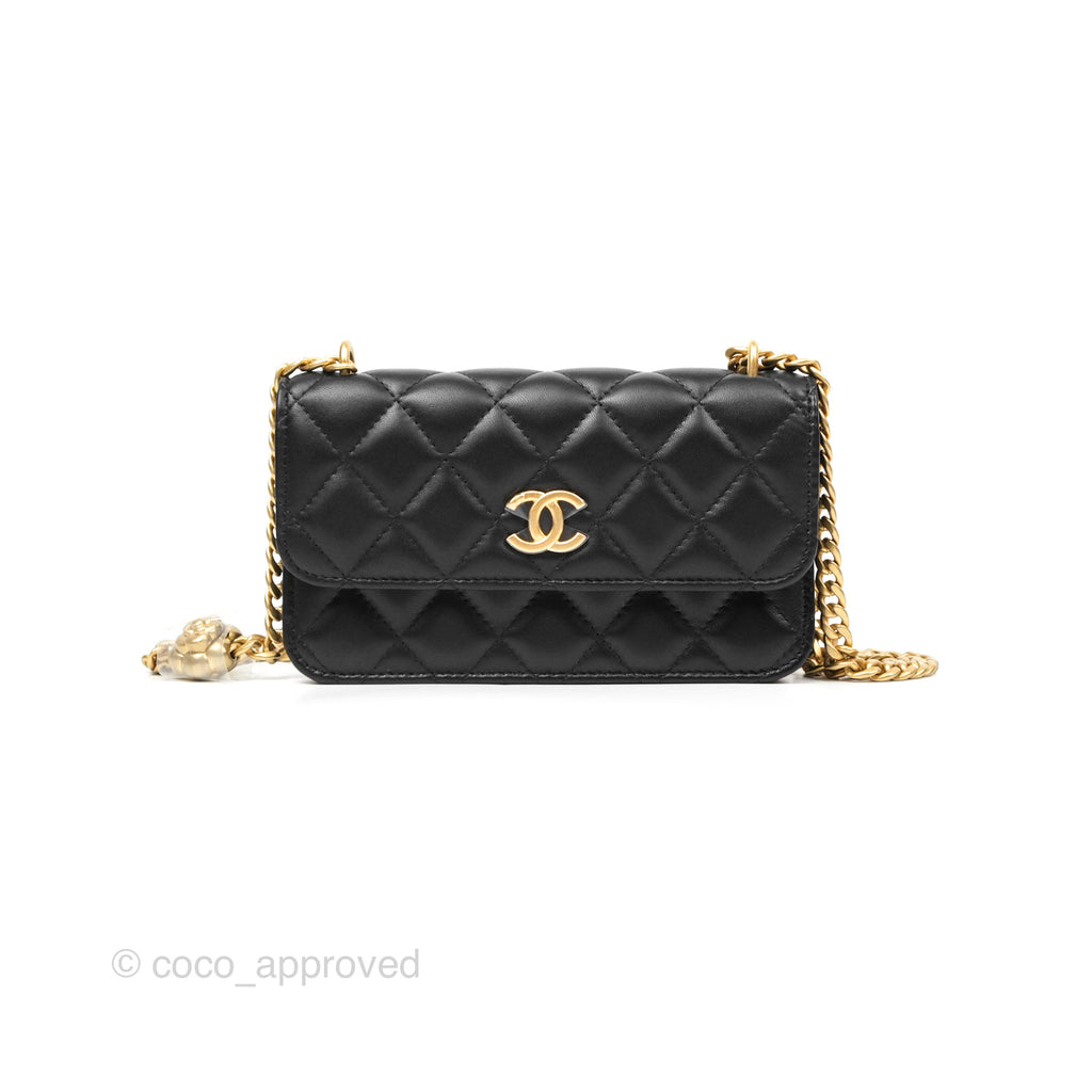 Chanel Mini WOC Phone Holder with Camellia Adjustable Chain Black Lambskin