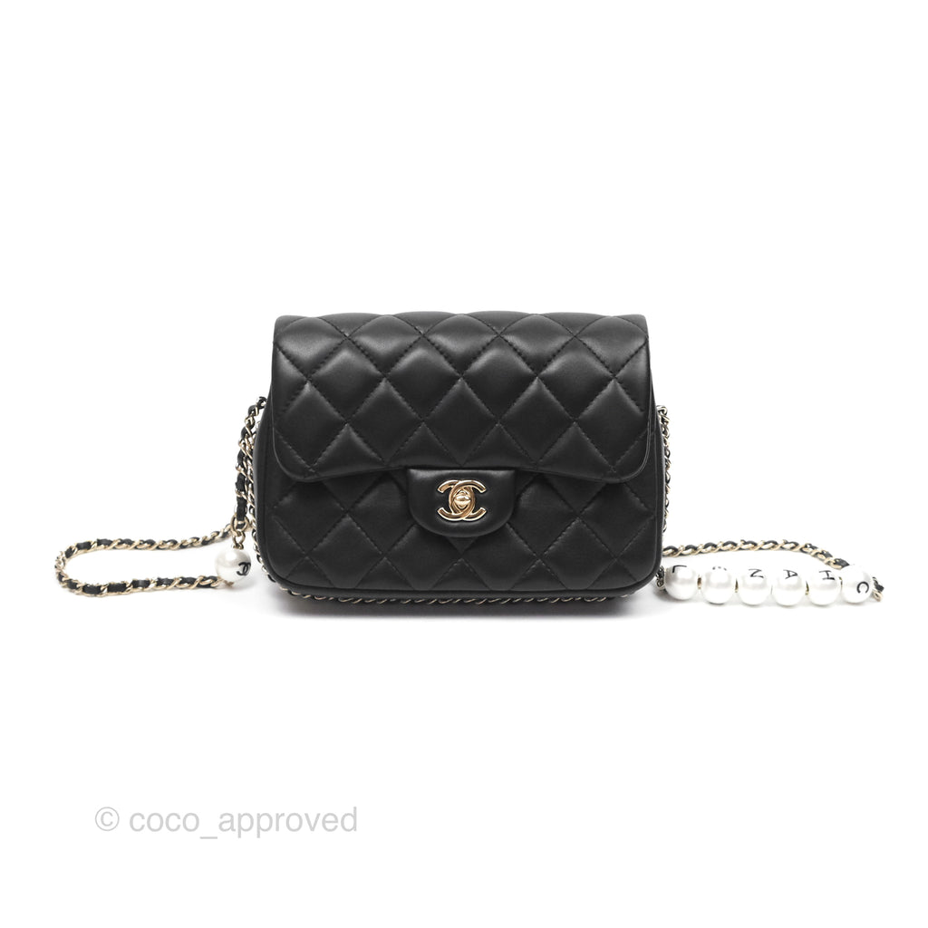 Chanel Logo Pearl Chain Flap Bag Black Lambskin Gold Hardware