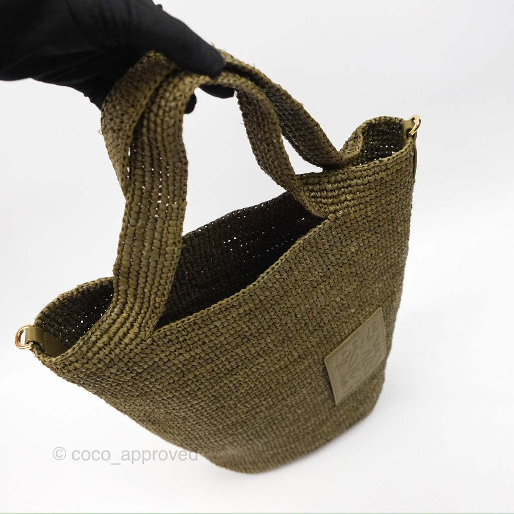 Loewe Mini Slit bag in Raffia / Calfskin Natural Olive