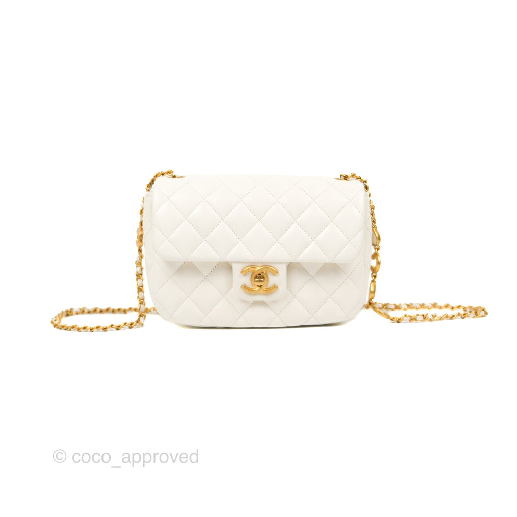 Chanel Mini Flap Bag with Coco Heart Chain White Lambskin Aged Gold Hardware