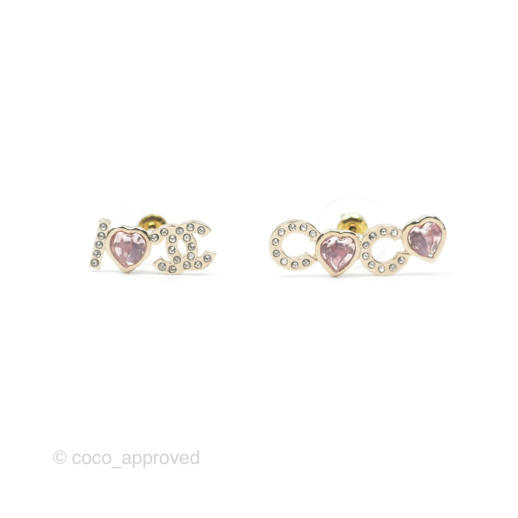 Chanel Crystal CoCo Pink Heart Earrings Gold Tone 22B