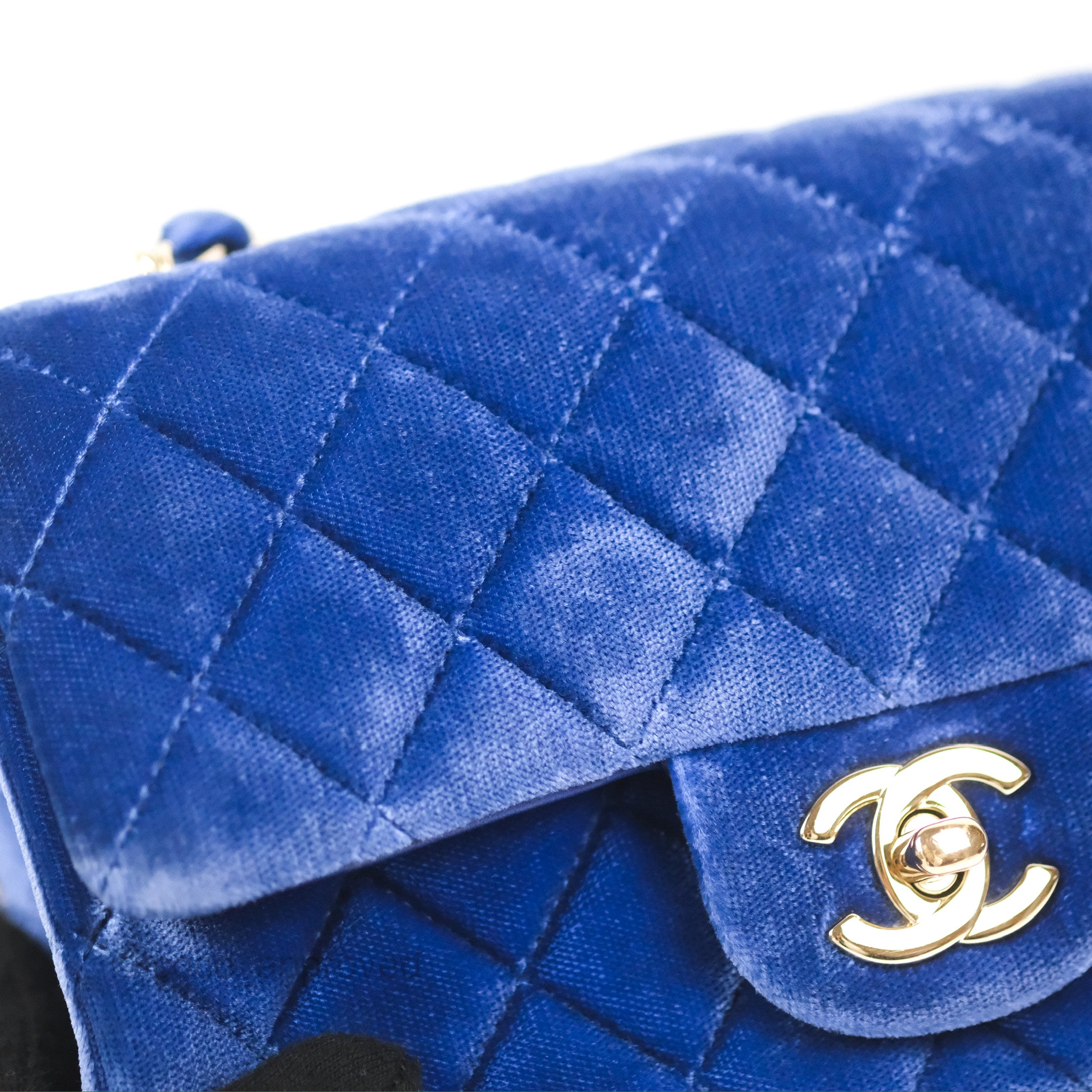 Chanel Quilted Mini Rectangular Flap Blue Velvet Gold Hardware – Coco  Approved Studio