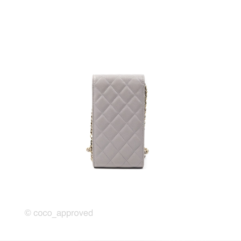 Chanel Quilted Phone Holder Grey Caviar Gold Hardware