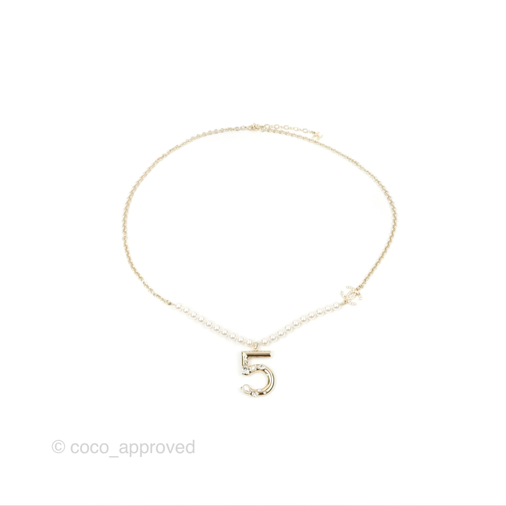 Chanel Crystal CC No.5 Pearl Necklace Gold Tone 21S