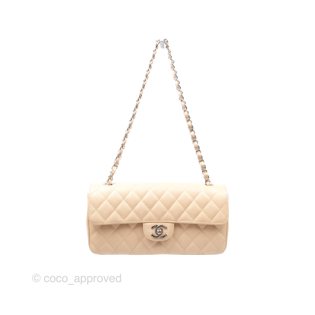 Chanel Quilted East West Flap Beige Caviar Silver Hardware