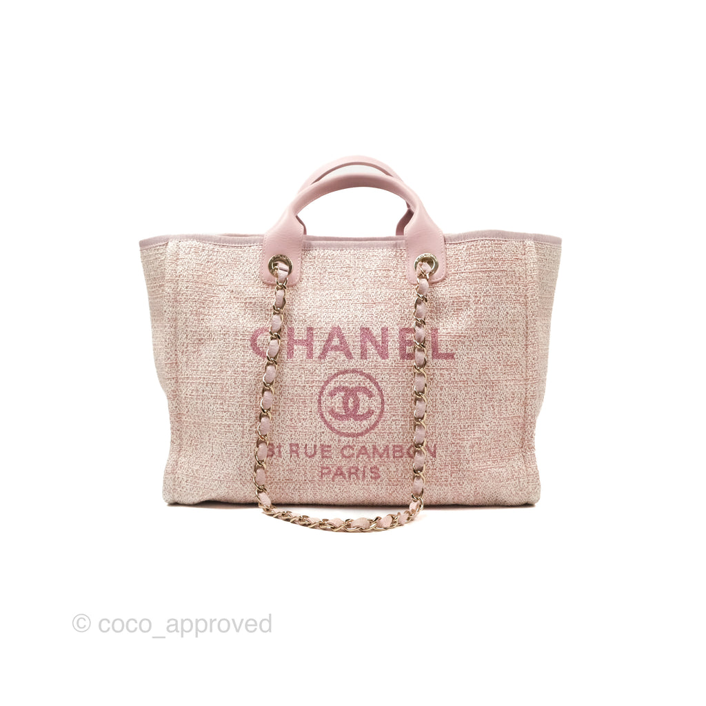 Chanel Large Deauville Tote Pink Woven Raffia Gold Hardware