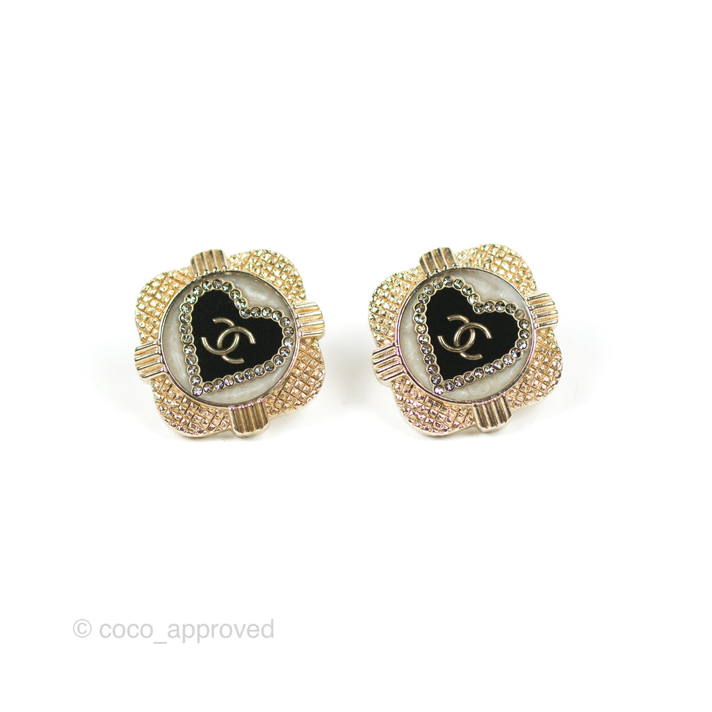Chanel CC Heart Black Earrings Gold Tone 22V