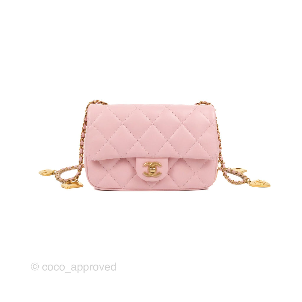 Chanel Mini Flap Bag With Heart CC Charm Pink Lambskin Aged Gold Hardware