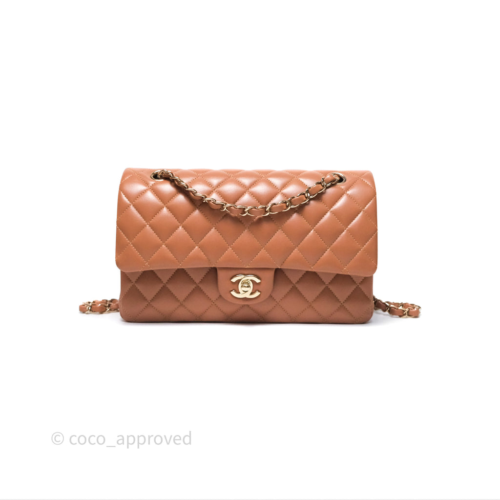 Chanel Classic M/L Medium Flap Quilted Dark Beige Caramel Lambskin Gold Hardware