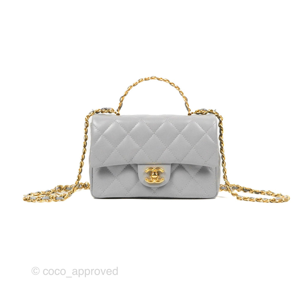 Chanel Top Handle Mini Flap Bag Light Grey Lambskin Gold Hardware 23S