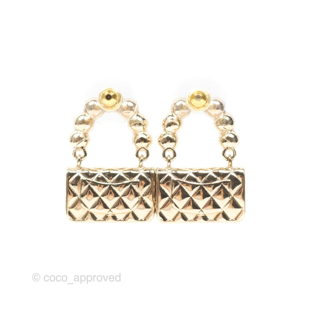 Chanel Pearl Quilted CC Flap Bag Earrings Gold 22V