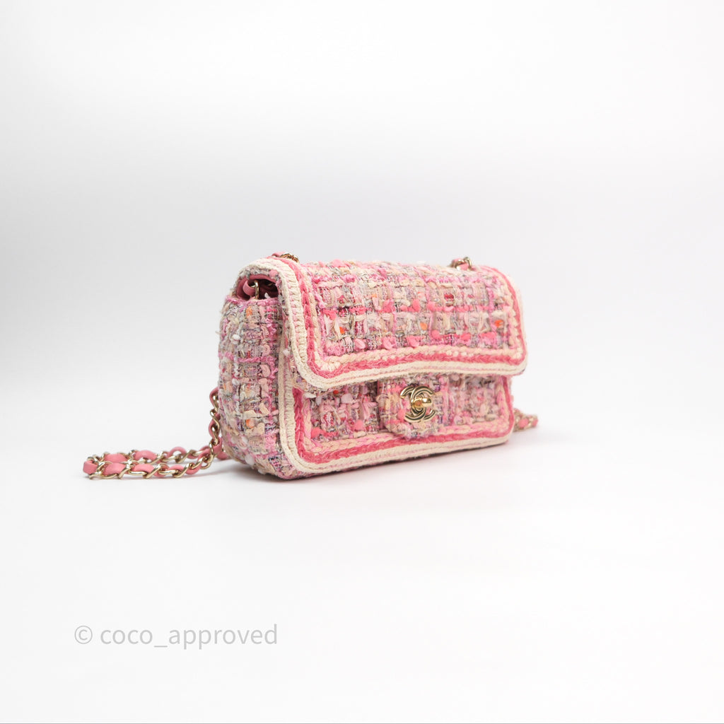 Chanel Mini Rectangular Flap Pink Tweed Braid Gold Hardware