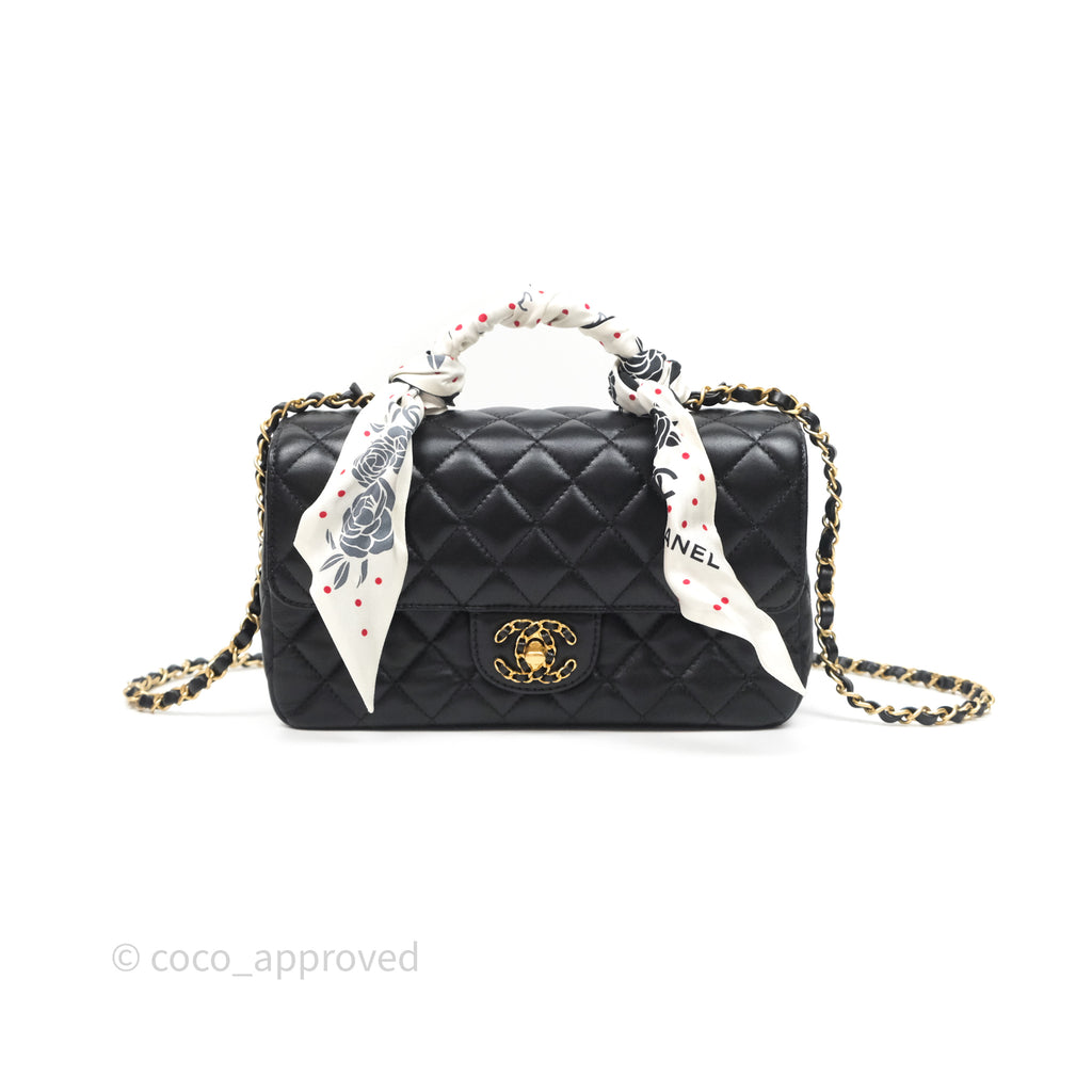 Chanel Logo Top Handle Small Flap Bag Black Lambskin Gold Hardware 24C