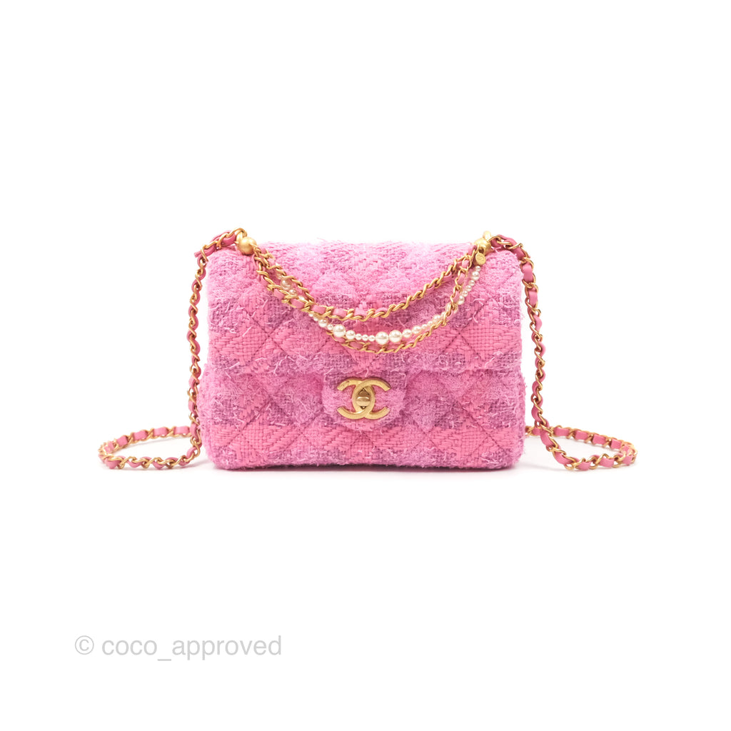 Chanel Mini Flap Bag with Pearl Chain Pink Tweed Aged Gold Hardware