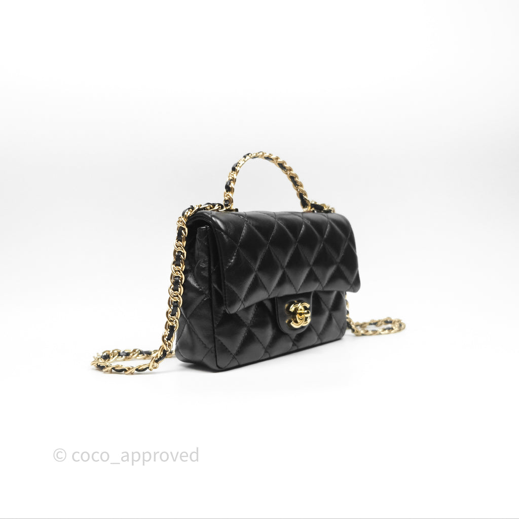 Chanel Top Handle Flap Bag Black Shiny Lambskin Gold Hardware 23S