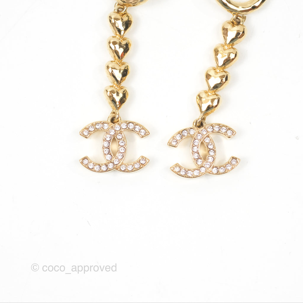 Chanel Crystal CC Heart Drop Earrings Gold Tone 23P 