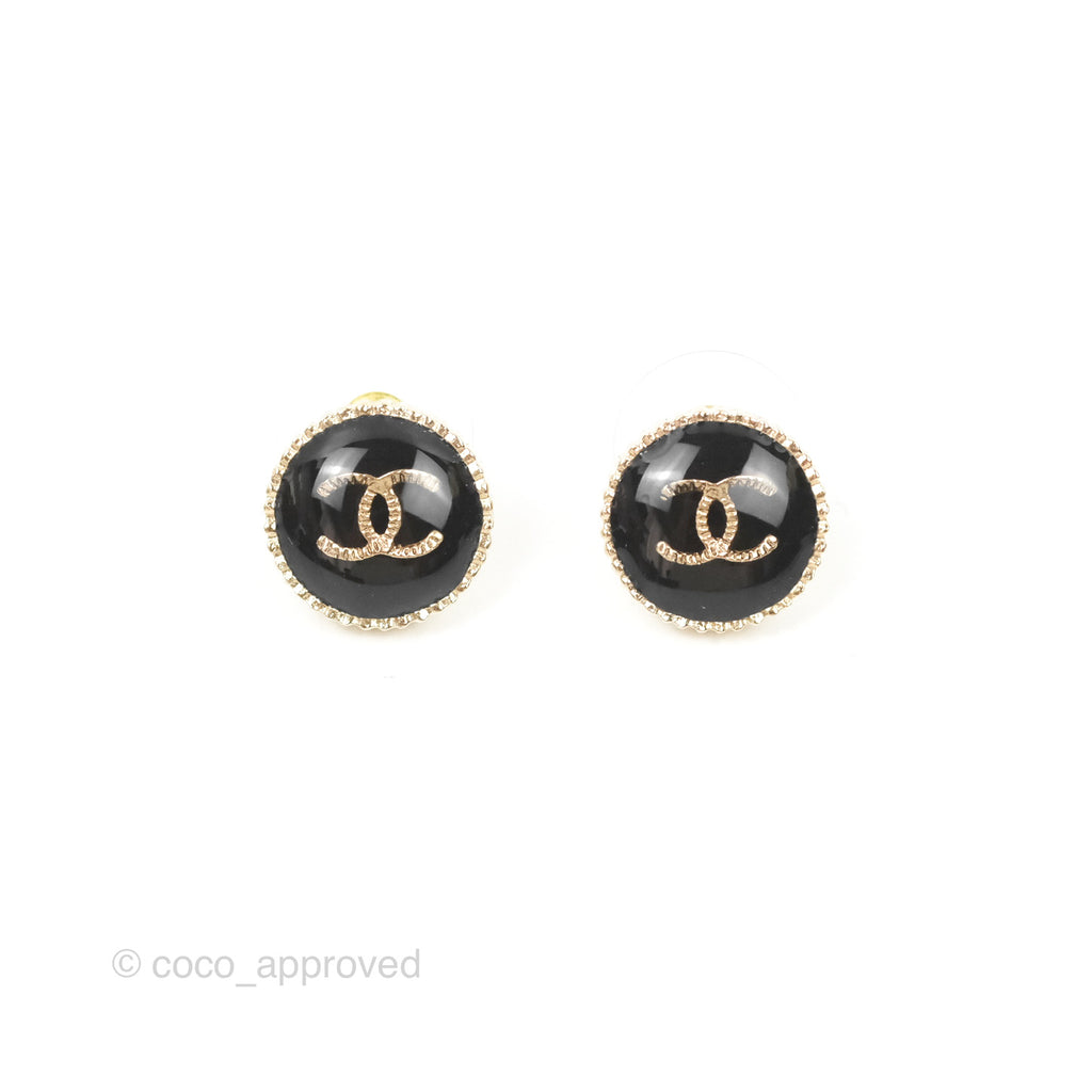 Chanel Round Black CC Earrings Gold Tone 21V