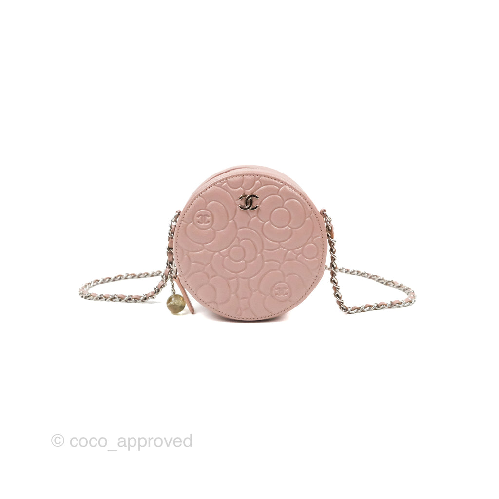Chanel Camellia Embossed Round Clutch With Chain Iridescent Light Pink Goatskin