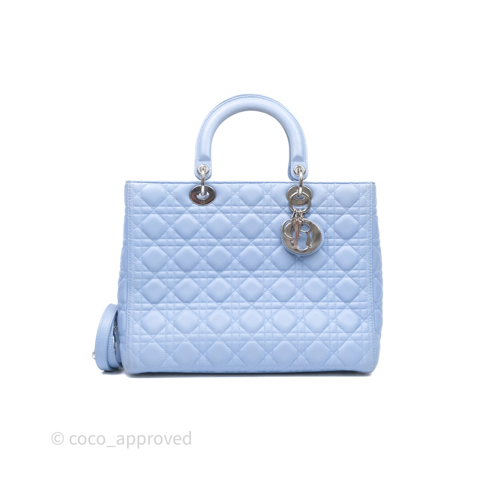 Christian Dior Large Lady Dior Cannage Blue Lambskin Silver Hardware