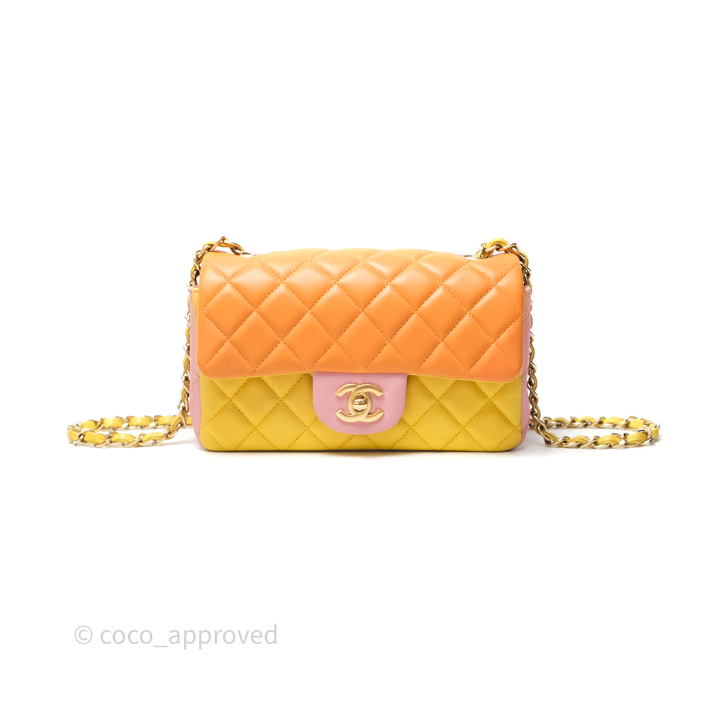 Chanel Quilted Mini Rectangular Flap Tri-Color Orange/Yellow/Pink Lambskin Gold Hardware