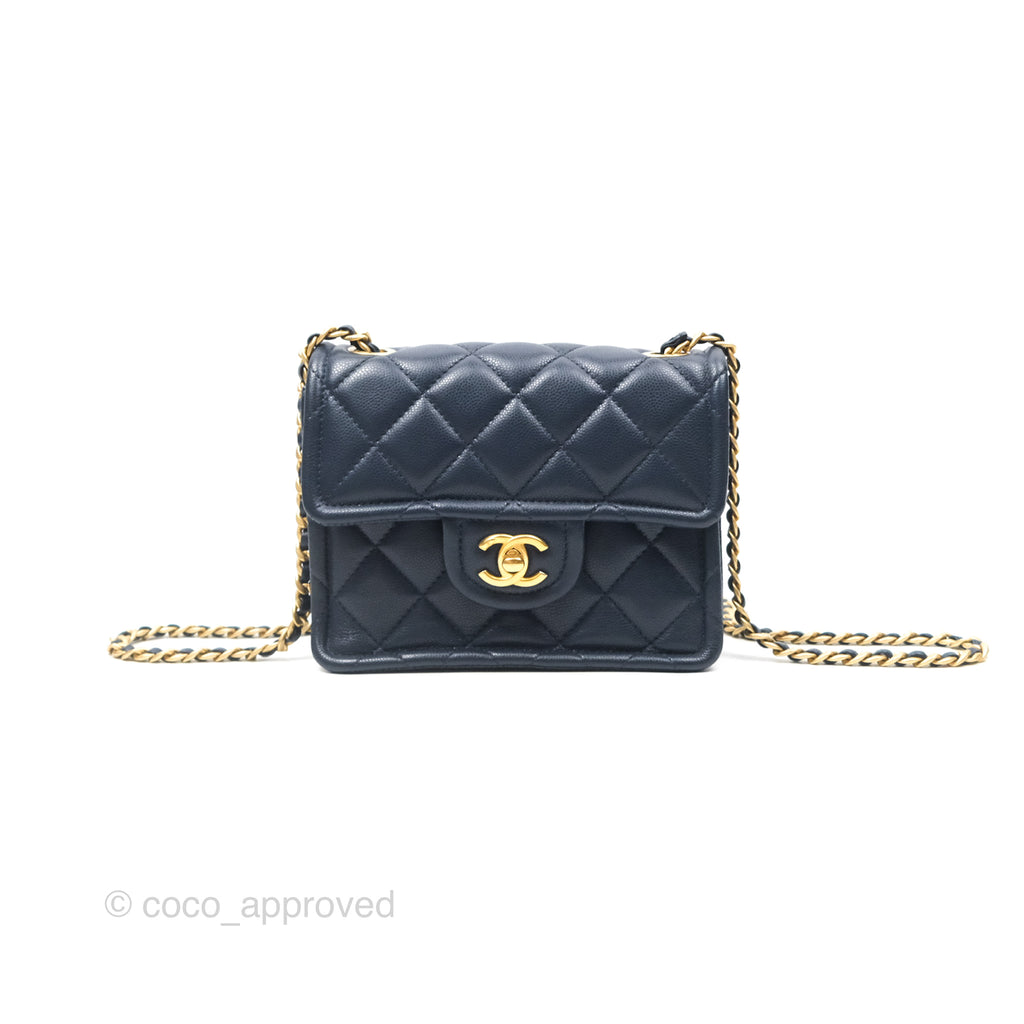 Chanel Mini Square Sweet Quilted Flap Navy Caviar Aged Gold Hardware 21P